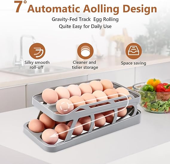 Egg Holder Dispenser, Double Rows Automatic Egg Roller Refrigerator Rolling Eggs Storage with 2 Tier Space Saving Egg Tray For Refrigerator