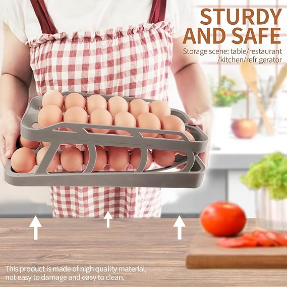 Egg Holder Dispenser, Double Rows Automatic Egg Roller Refrigerator Rolling Eggs Storage with 2 Tier Space Saving Egg Tray For Refrigerator